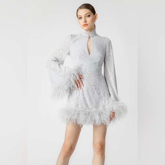 sau lee Dresses & Skirts - Sau Lee Bianca Mini Sequin and Feather Dress in Silver